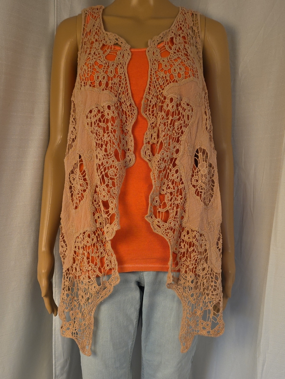 Jastie Sleeveless Romantic Boho Crochet Open-Front Vest in Tan - OS